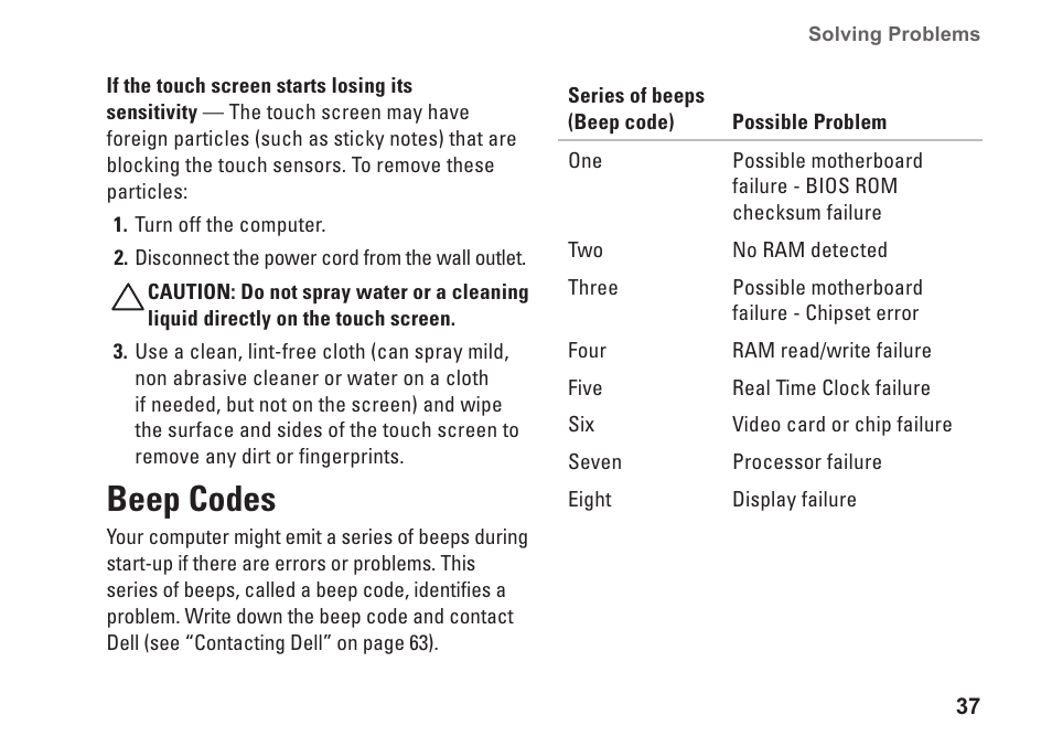 Beep codes | Dell Inspiron One 19 (Mid 2009) User Manual | Page 39 / 80