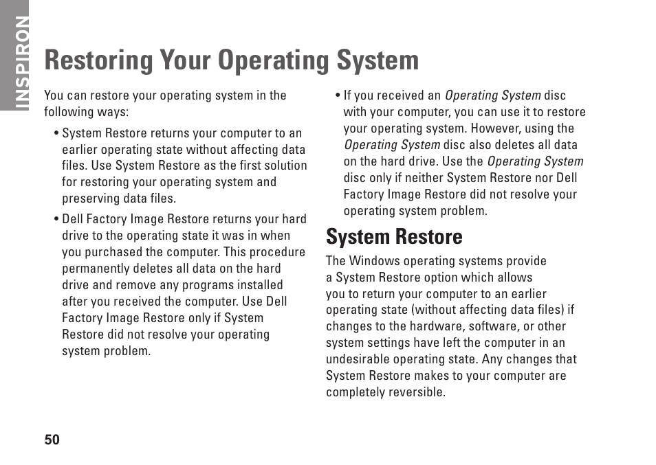 Restoring your operating system, System restore, Inspiron | Dell Inspiron One 19 (Mid 2009) User Manual | Page 52 / 80