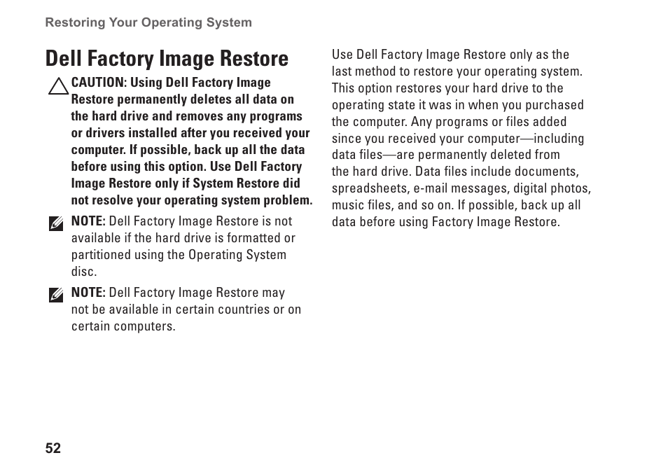 Dell factory image restore | Dell Inspiron One 19 (Mid 2009) User Manual | Page 54 / 80