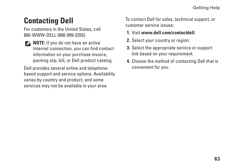 Contacting dell, 63 for | Dell Inspiron One 19 (Mid 2009) User Manual | Page 65 / 80