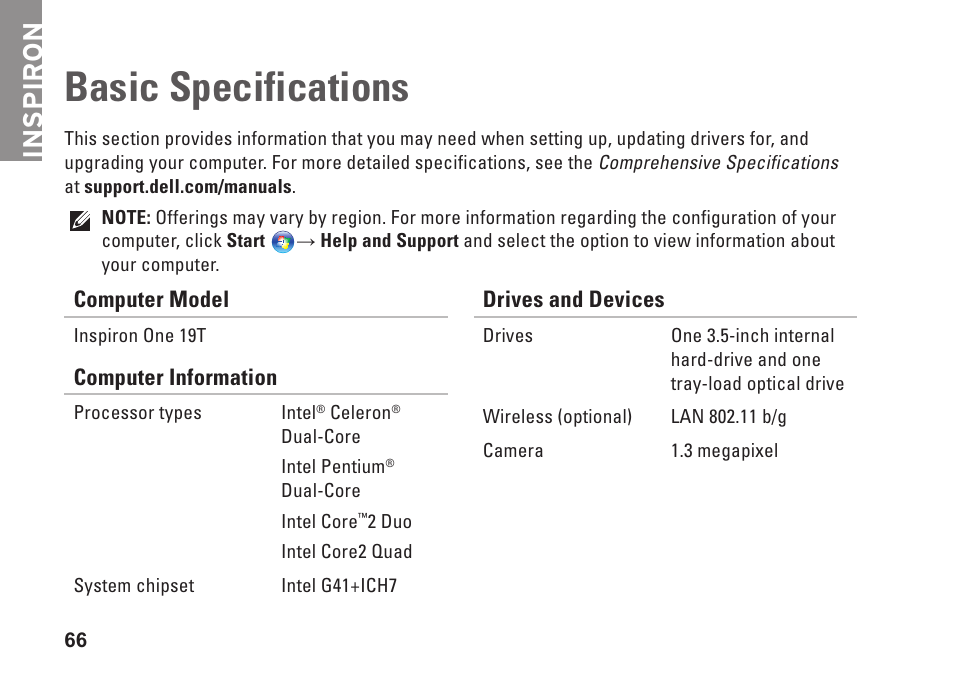 Basic specifications, Inspiron | Dell Inspiron One 19 (Mid 2009) User Manual | Page 68 / 80