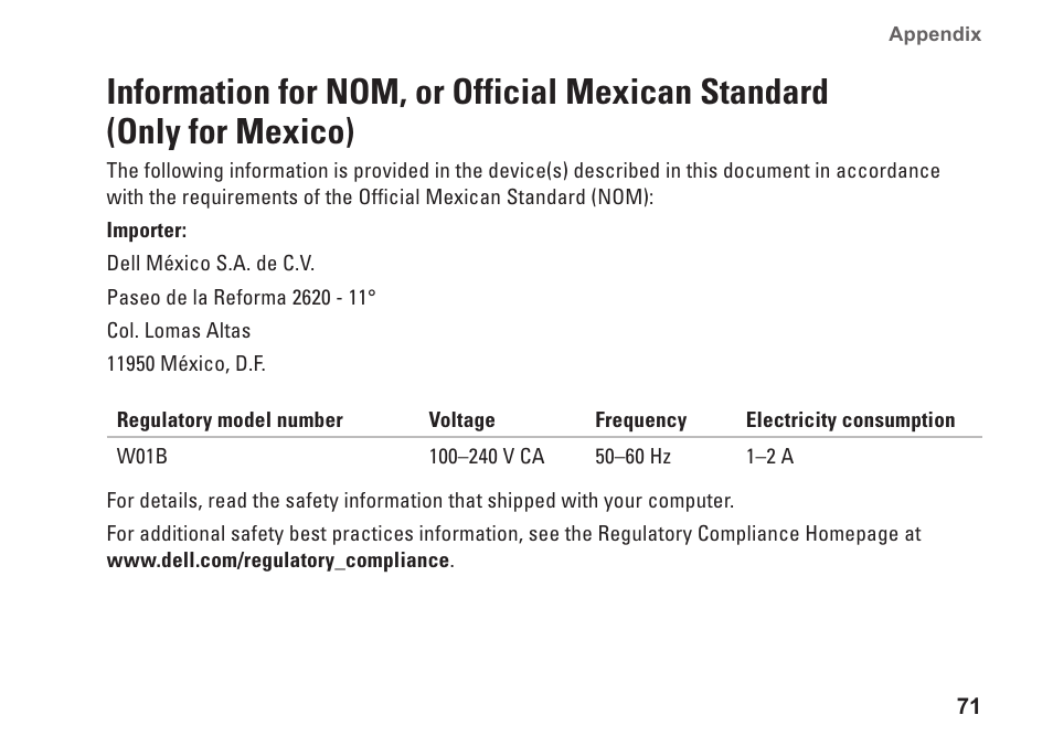 Information for nom, or official, Mexican standard (only for mexico) | Dell Inspiron One 19 (Mid 2009) User Manual | Page 73 / 80