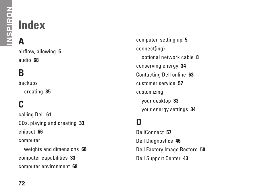 Index, Inspiron | Dell Inspiron One 19 (Mid 2009) User Manual | Page 74 / 80