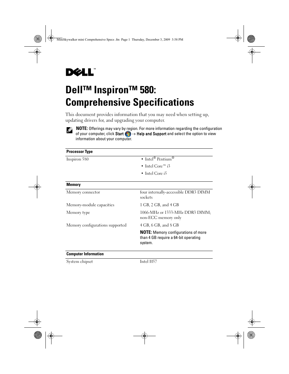 Dell Inspiron 580 (Late 2009) User Manual | 6 pages