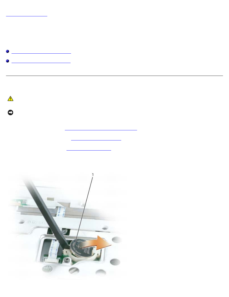 Coin-cell battery: dell™ xps m140 service manual, Coin-cell battery, Removing the coin-cell battery | Dell XPS M140 (MXC051, Late 2005) User Manual | Page 34 / 72