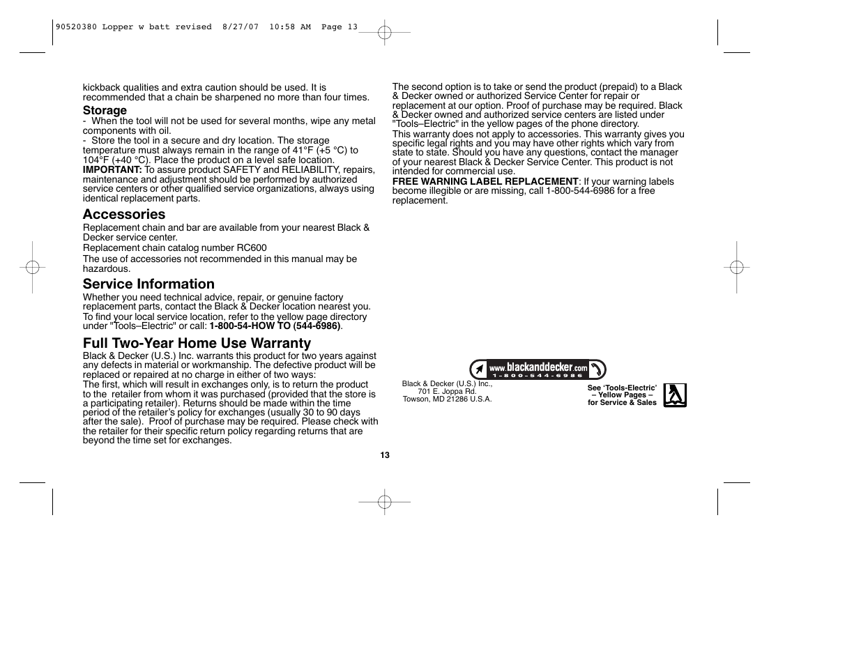 Accessories, Service information, Full two-year home use warranty | Black & Decker Alligator 90520380 User Manual | Page 13 / 44