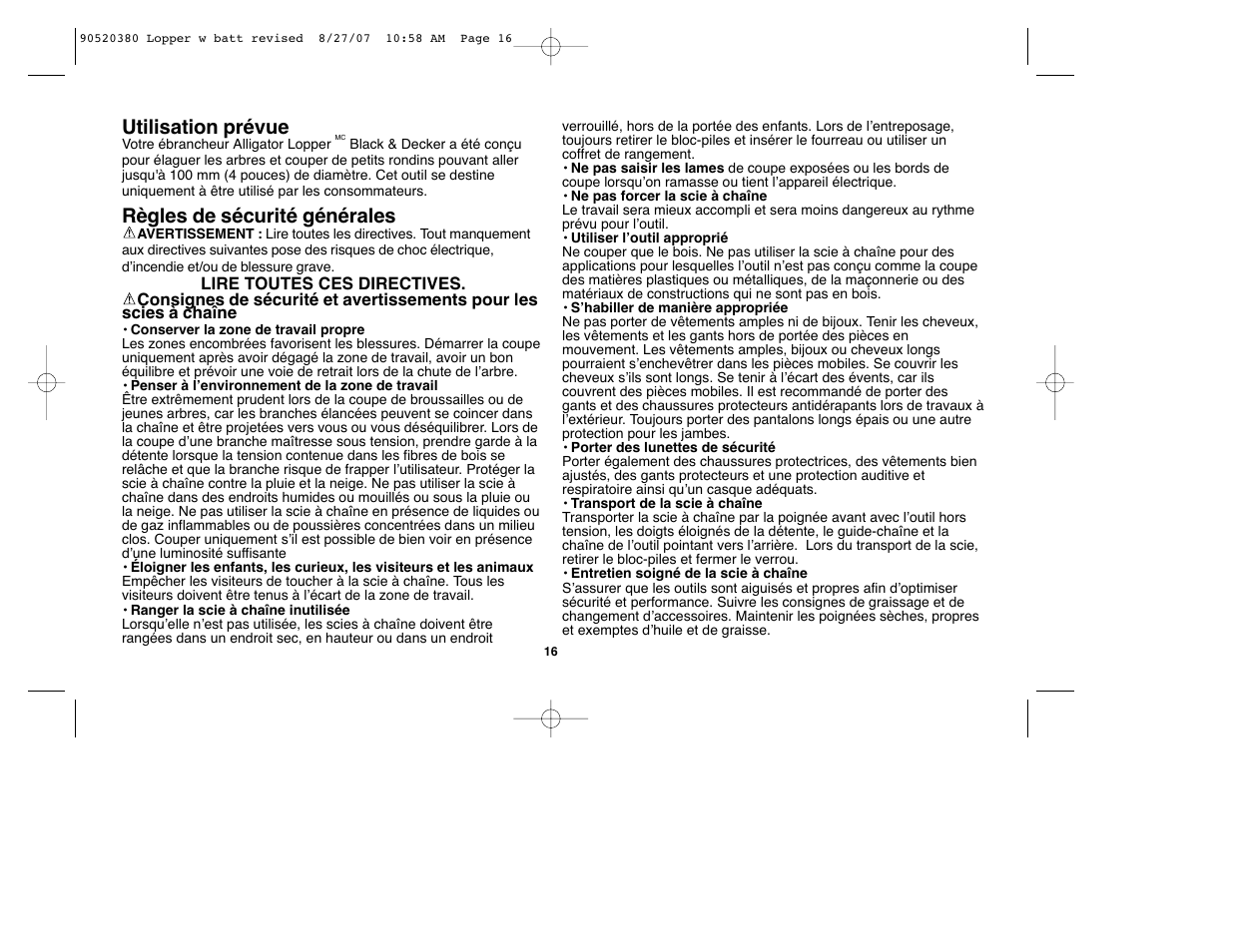 Utilisation prévue, Règles de sécurité générales | Black & Decker Alligator 90520380 User Manual | Page 16 / 44