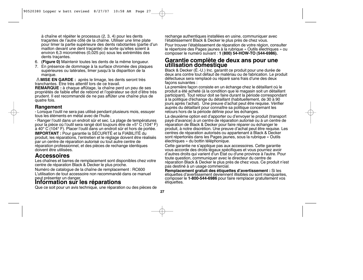 Accessoires, Information sur les réparations | Black & Decker Alligator 90520380 User Manual | Page 27 / 44