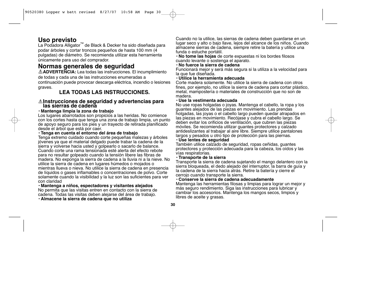 Uso previsto, Normas generales de seguridad | Black & Decker Alligator 90520380 User Manual | Page 30 / 44