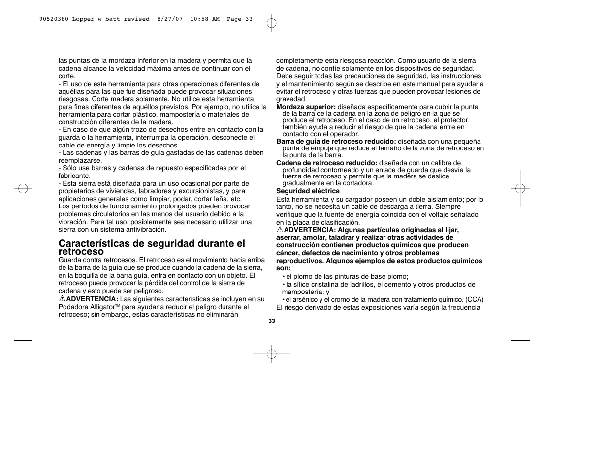 Características de seguridad durante el retroceso | Black & Decker Alligator 90520380 User Manual | Page 33 / 44