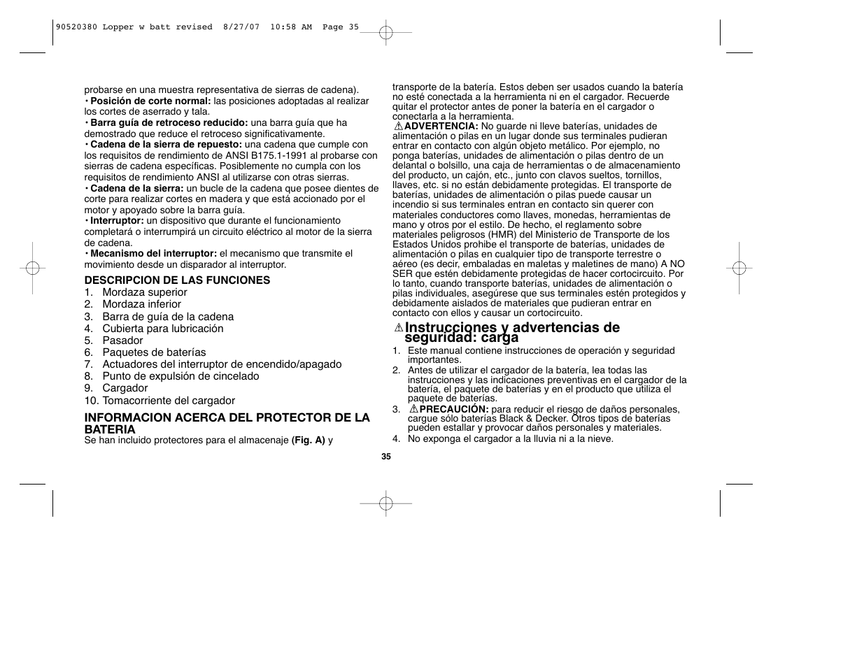 Instrucciones y advertencias de seguridad: carga | Black & Decker Alligator 90520380 User Manual | Page 35 / 44