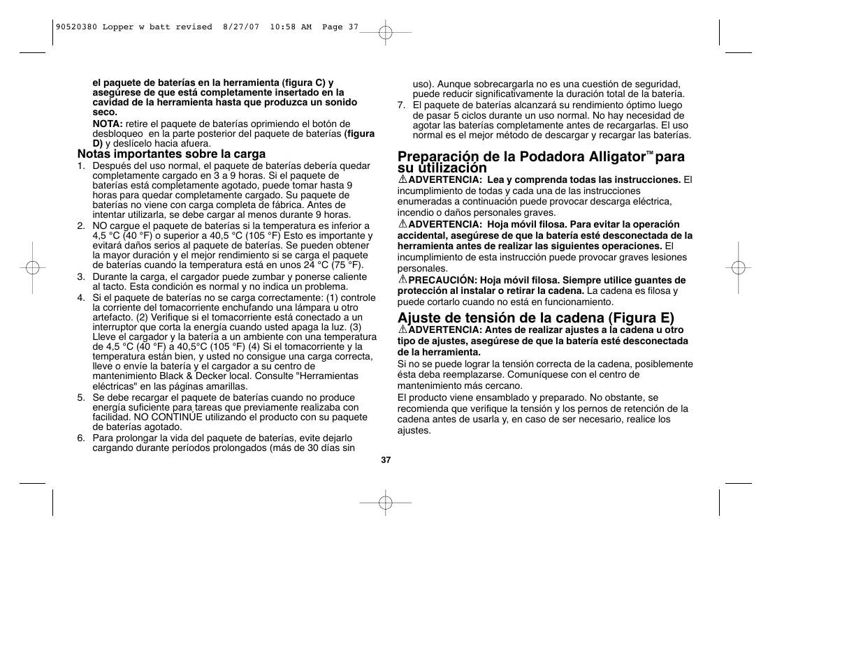 Preparación de la podadora alligator, Para su utilización, Ajuste de tensión de la cadena (figura e) | Black & Decker Alligator 90520380 User Manual | Page 37 / 44