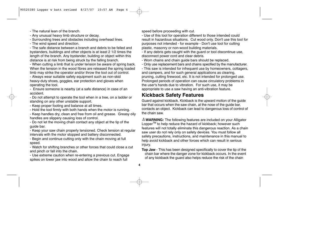 Kickback safety features | Black & Decker Alligator 90520380 User Manual | Page 4 / 44