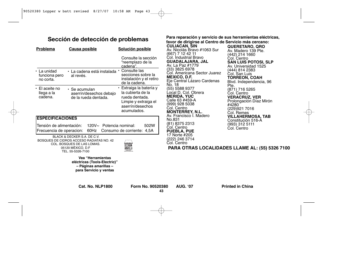 Sección de detección de problemas | Black & Decker Alligator 90520380 User Manual | Page 43 / 44