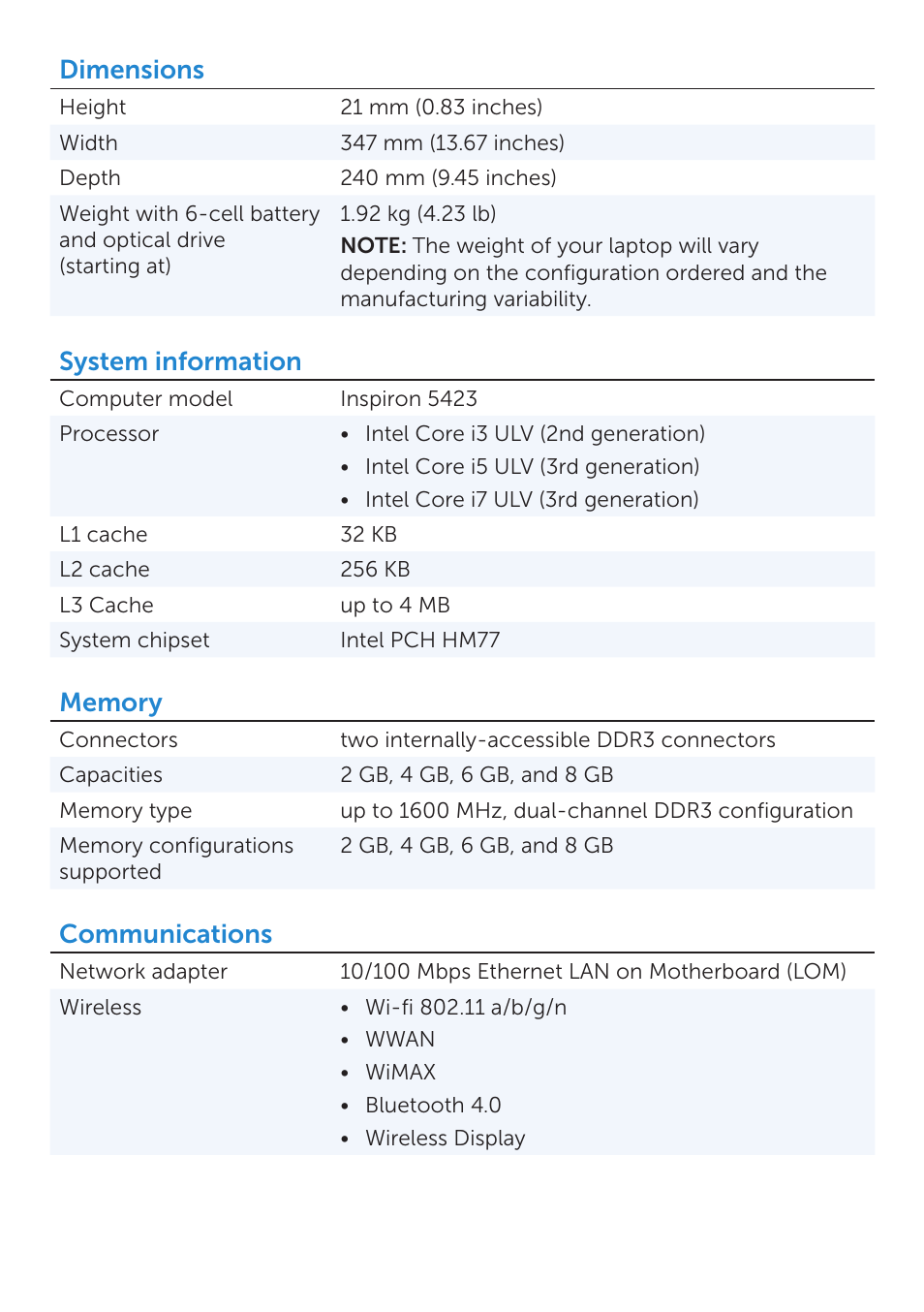 Dimensions, System information, Communications | Dell Inspiron 14z (5423, Mid 2012) User Manual | Page 2 / 6
