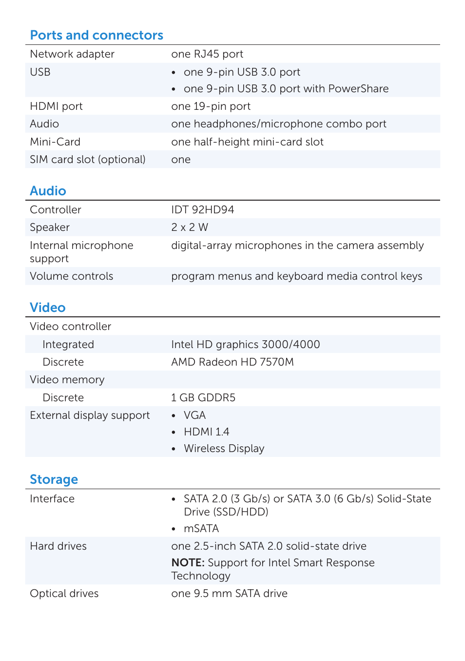 Ports and connectors, Audio, Video | Storage | Dell Inspiron 14z (5423, Mid 2012) User Manual | Page 3 / 6