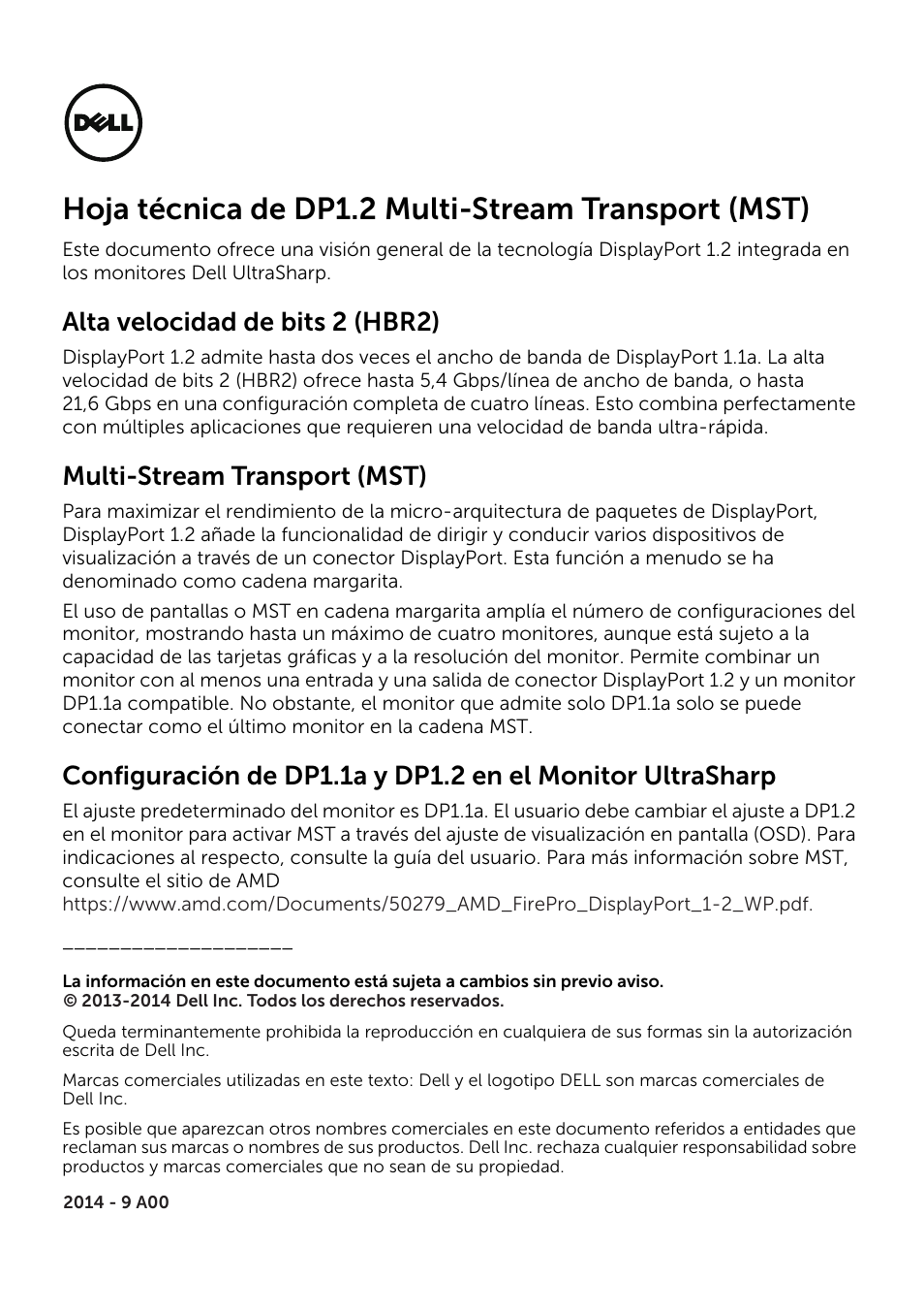 Dp1.2 mst techsheet-sp, Hoja técnica de dp1.2 multi-stream transport (mst), Alta velocidad de bits 2 (hbr2) | Multi-stream transport (mst) | Dell UltraSharp 25 Monitor User Manual | Page 10 / 19