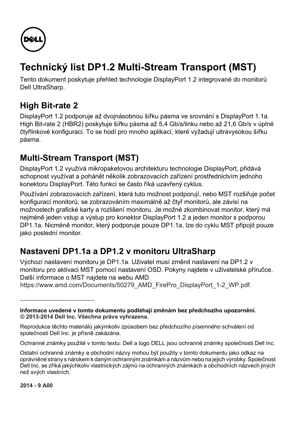 Dp1.2 mst techsheet-cz, Technický list dp1.2 multi-stream transport (mst), High bit-rate 2 | Multi-stream transport (mst), Nastavení dp1.1a a dp1.2 v monitoru ultrasharp | Dell UltraSharp 25 Monitor User Manual | Page 2 / 19