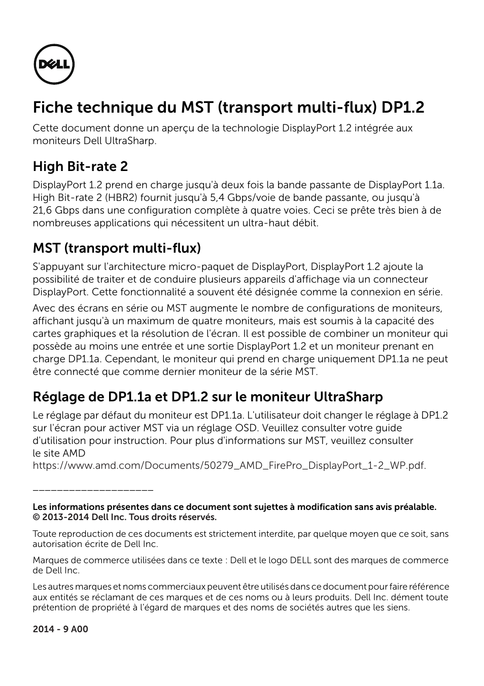 Dp1.2 mst techsheet-fr, High bit-rate 2, Mst (transport multi-flux) | Dell UltraSharp 25 Monitor User Manual | Page 3 / 19