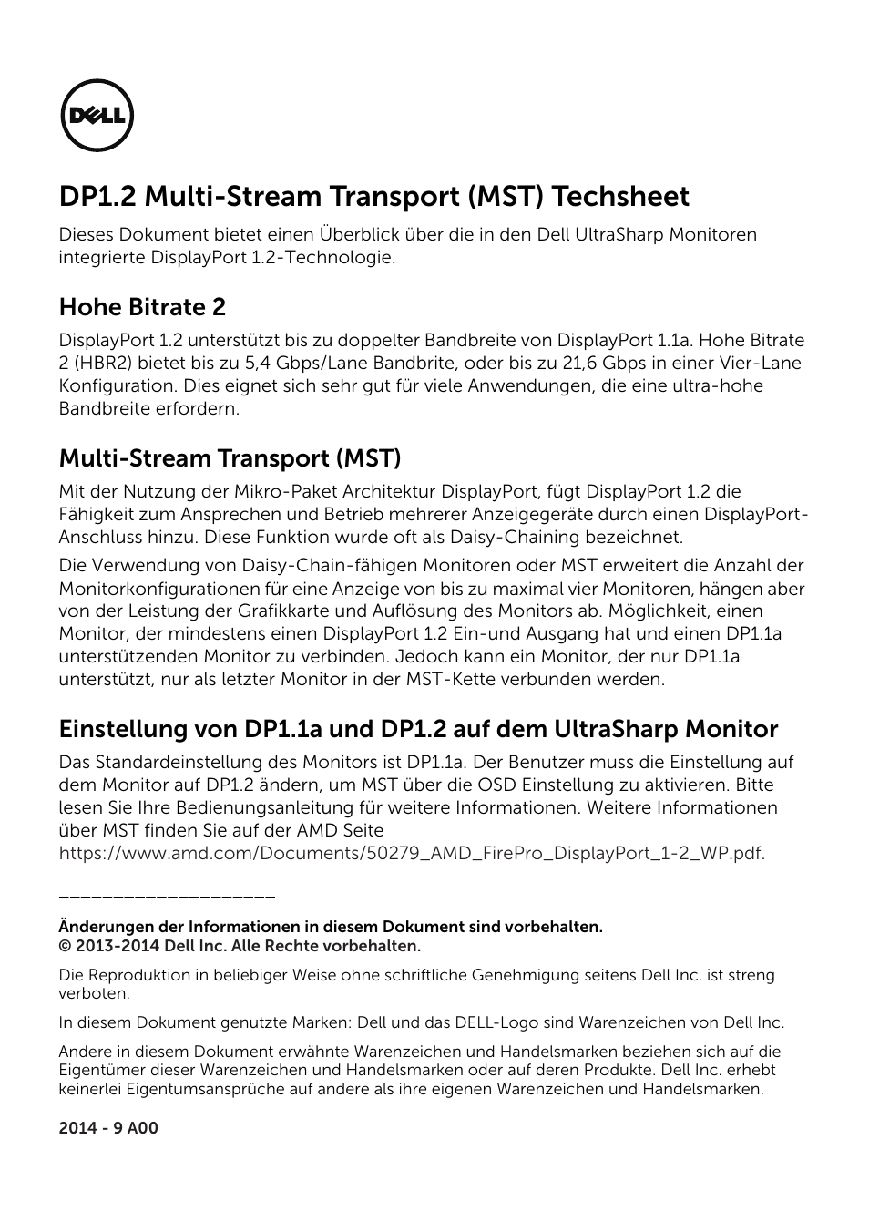 Dp1.2 mst techsheet-ge, Dp1.2 multi-stream transport (mst) techsheet, Hohe bitrate 2 | Multi-stream transport (mst) | Dell UltraSharp 25 Monitor User Manual | Page 4 / 19