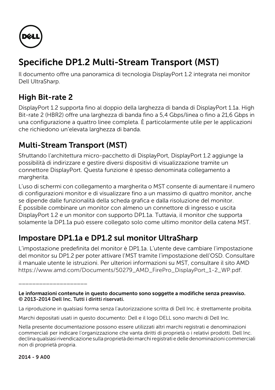 Dp1.2 mst techsheet-it, Specifiche dp1.2 multi-stream transport (mst), High bit-rate 2 | Multi-stream transport (mst), Impostare dp1.1a e dp1.2 sul monitor ultrasharp | Dell UltraSharp 25 Monitor User Manual | Page 5 / 19
