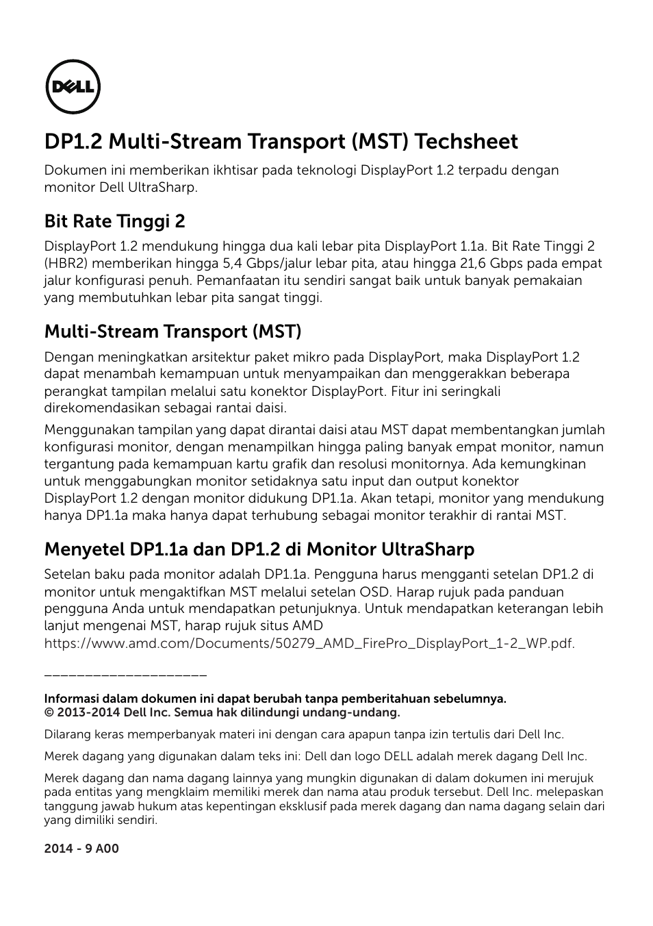 Dp1.2 mst techsheet-in, Dp1.2 multi-stream transport (mst) techsheet, Bit rate tinggi 2 | Multi-stream transport (mst), Menyetel dp1.1a dan dp1.2 di monitor ultrasharp | Dell UltraSharp 25 Monitor User Manual | Page 6 / 19