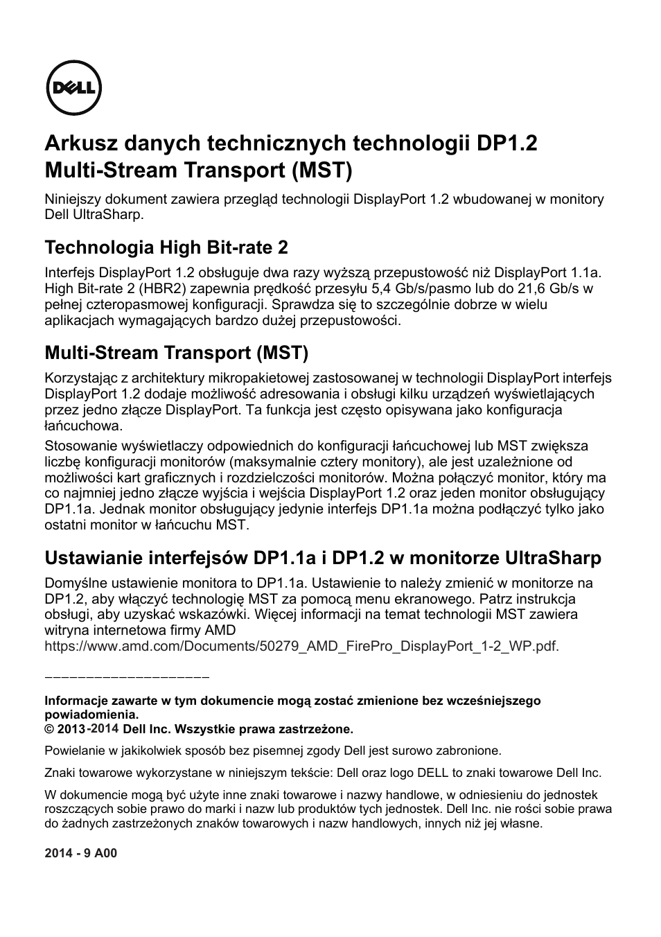 Dp1.2 mst techsheet-po, Technologia high bit-rate 2, Multi-stream transport (mst) | Dell UltraSharp 25 Monitor User Manual | Page 7 / 19