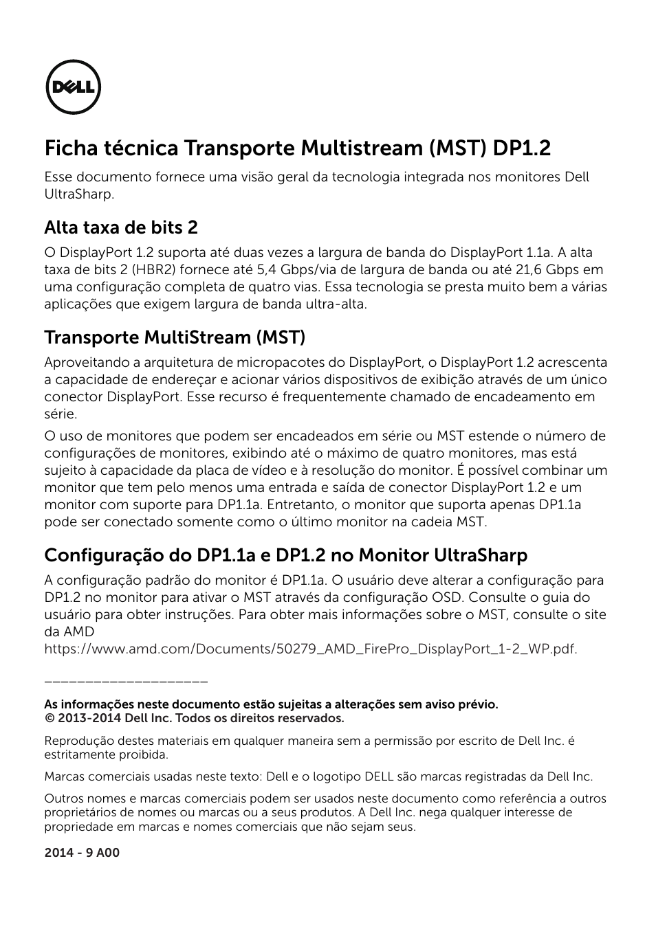 Dp1.2 mst techsheet-pb, Ficha técnica transporte multistream (mst) dp1.2, Alta taxa de bits 2 | Transporte multistream (mst) | Dell UltraSharp 25 Monitor User Manual | Page 8 / 19