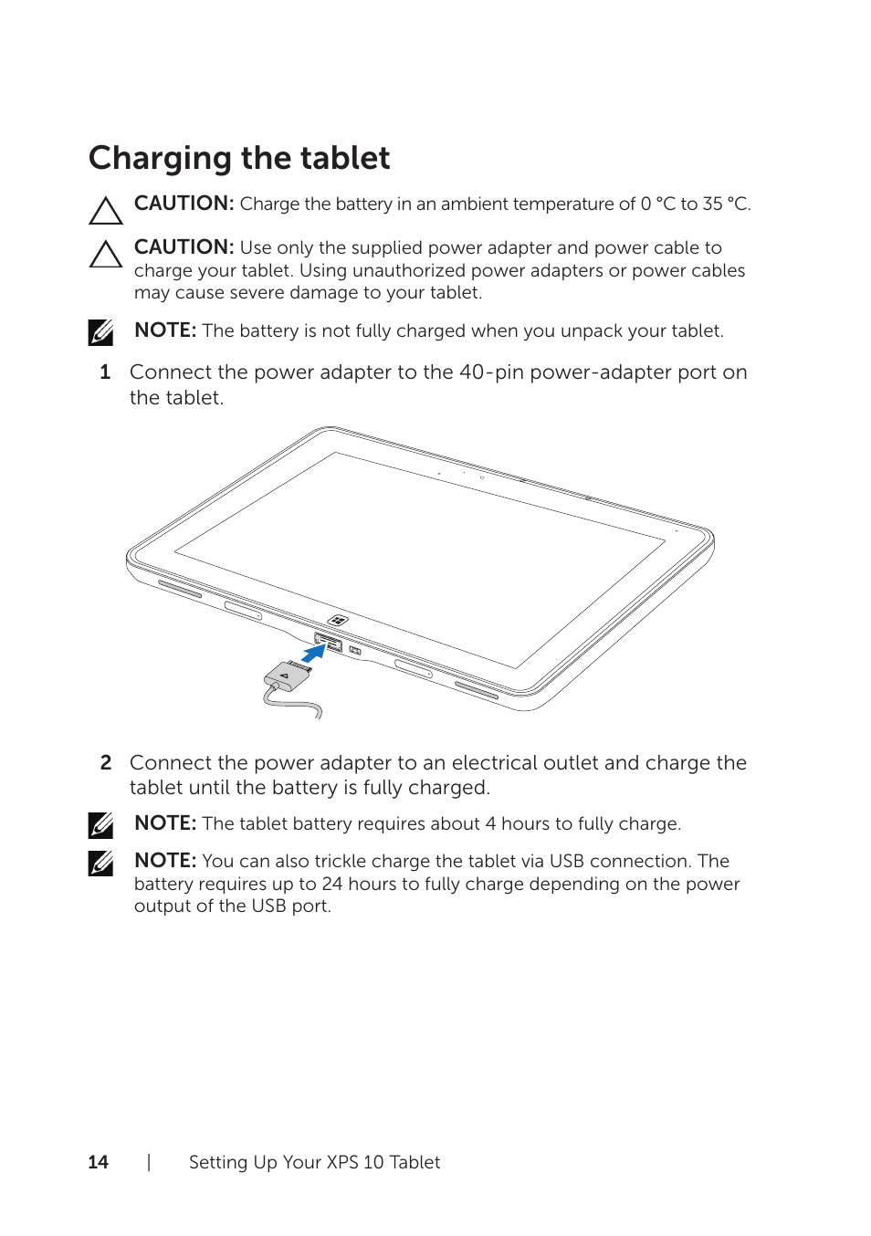 Charging the tablet | Dell XPS 10 Tablet User Manual | Page 14 / 56