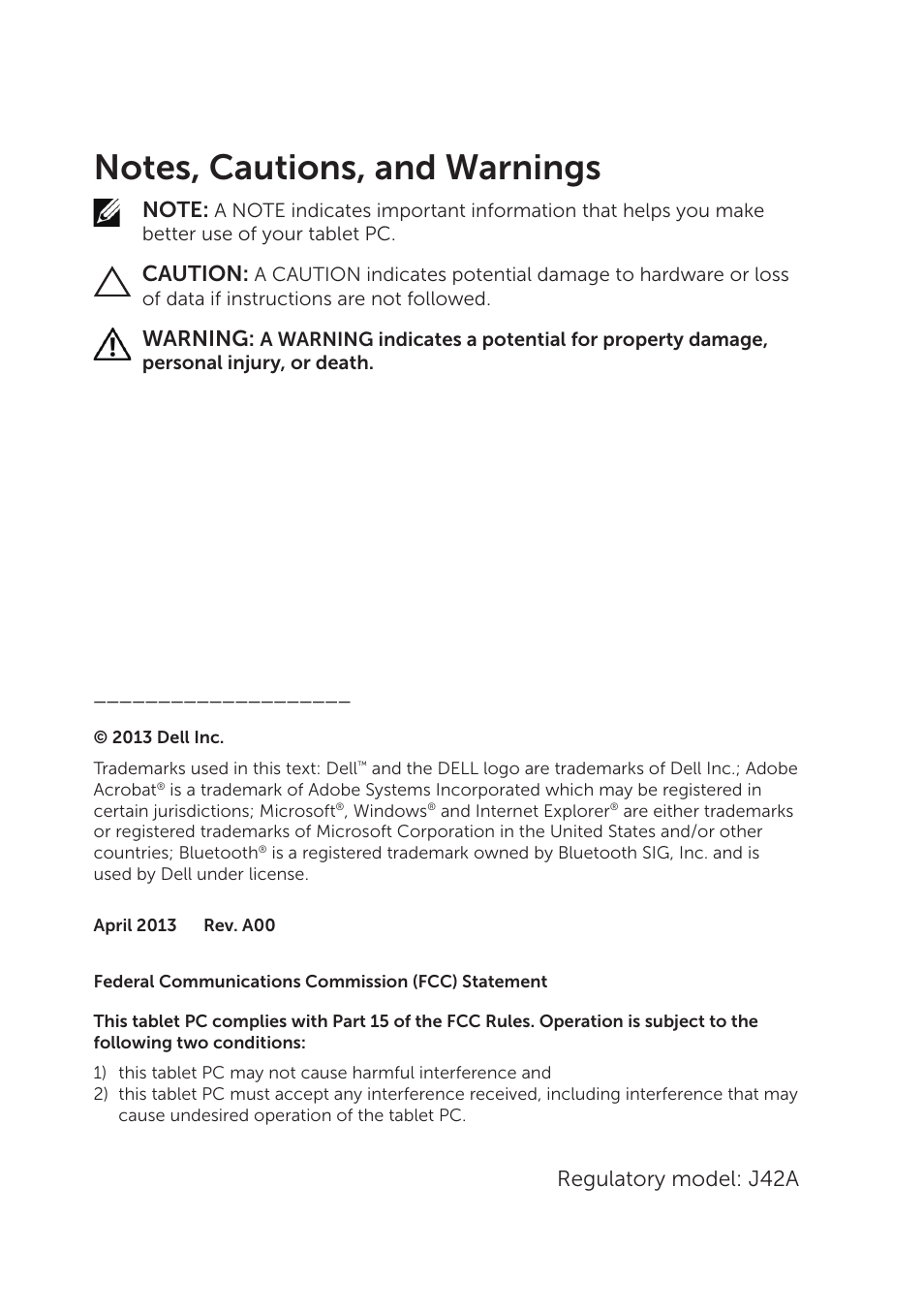 Notes, cautions, and warnings, Caution, Warning | Regulatory model: j42a | Dell XPS 10 Tablet User Manual | Page 2 / 56