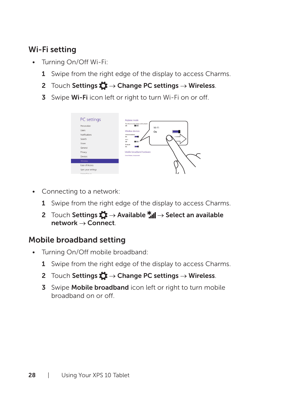 Wi-fi setting, Mobile broadband setting | Dell XPS 10 Tablet User Manual | Page 28 / 56