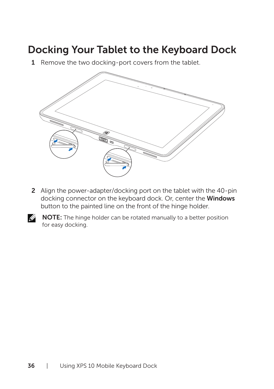 Docking your tablet to the keyboard dock | Dell XPS 10 Tablet User Manual | Page 36 / 56