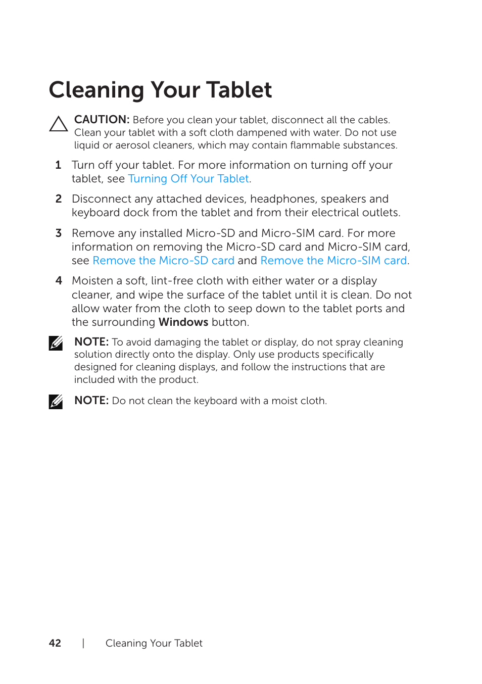 Cleaning your tablet | Dell XPS 10 Tablet User Manual | Page 42 / 56