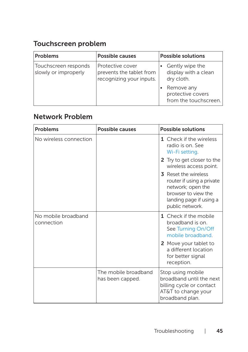 Touchscreen problem, Network problem | Dell XPS 10 Tablet User Manual | Page 45 / 56