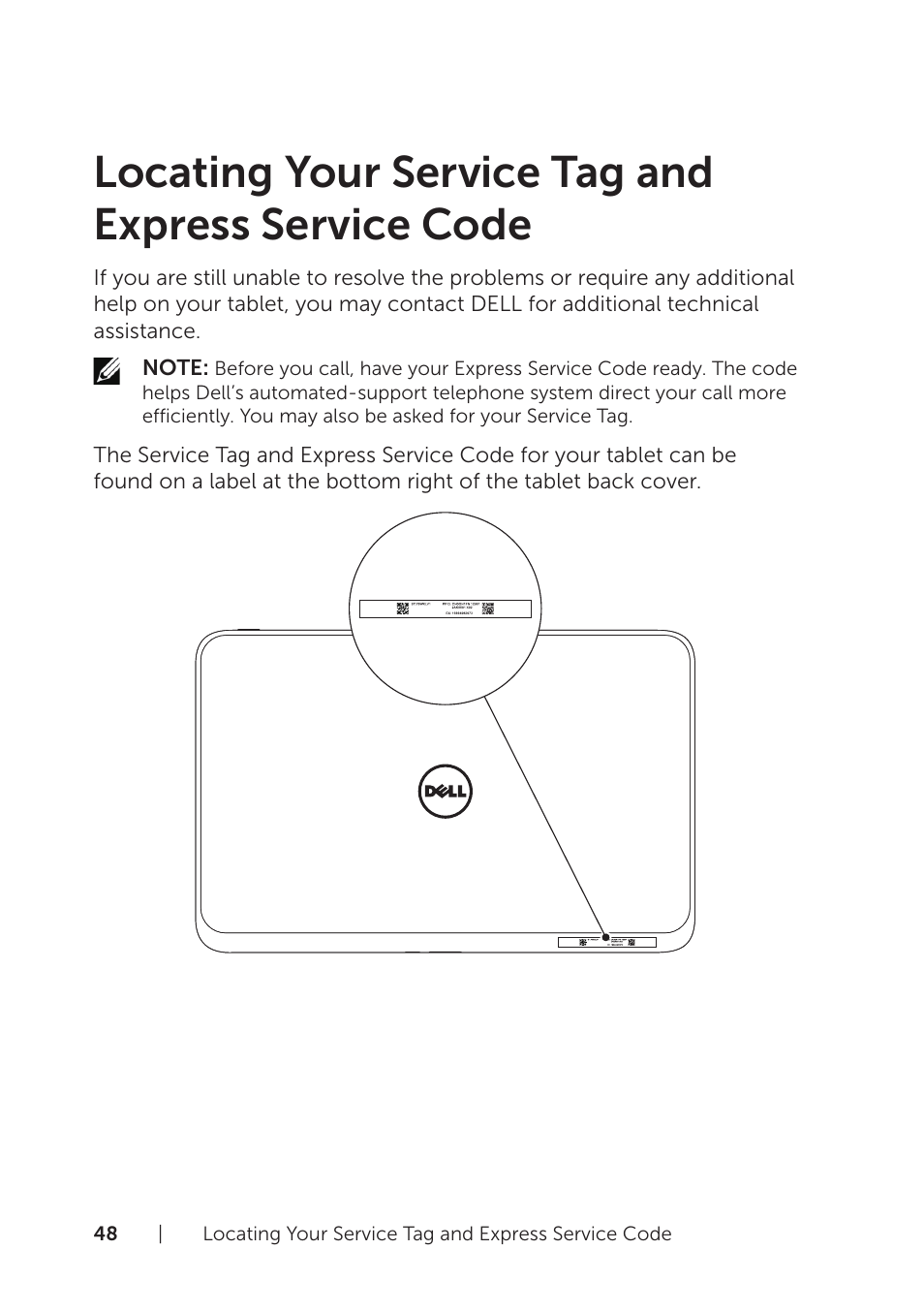 Locating your service tag and express service code, Locating your service tag and, Express service code | Dell XPS 10 Tablet User Manual | Page 48 / 56