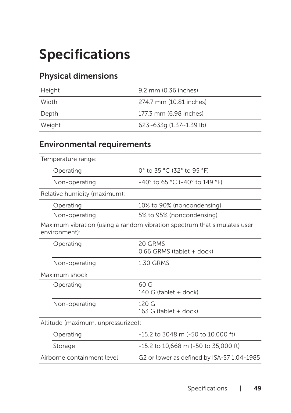 Specifications, Physical dimensions, Environmental requirements | Dell XPS 10 Tablet User Manual | Page 49 / 56