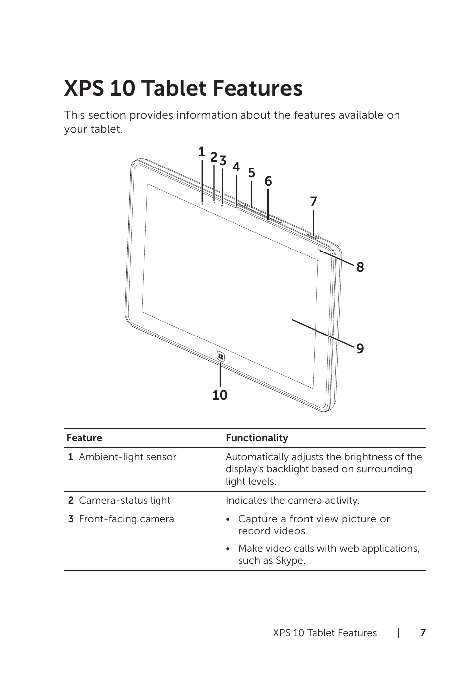 Xps 10 tablet features | Dell XPS 10 Tablet User Manual | Page 7 / 56