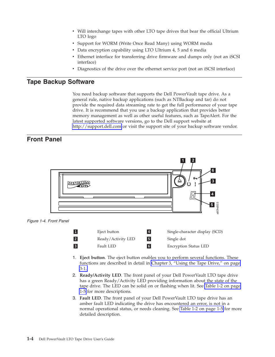 Tape backup software, Front panel | Dell Powervault LTO6 User Manual | Page 12 / 93