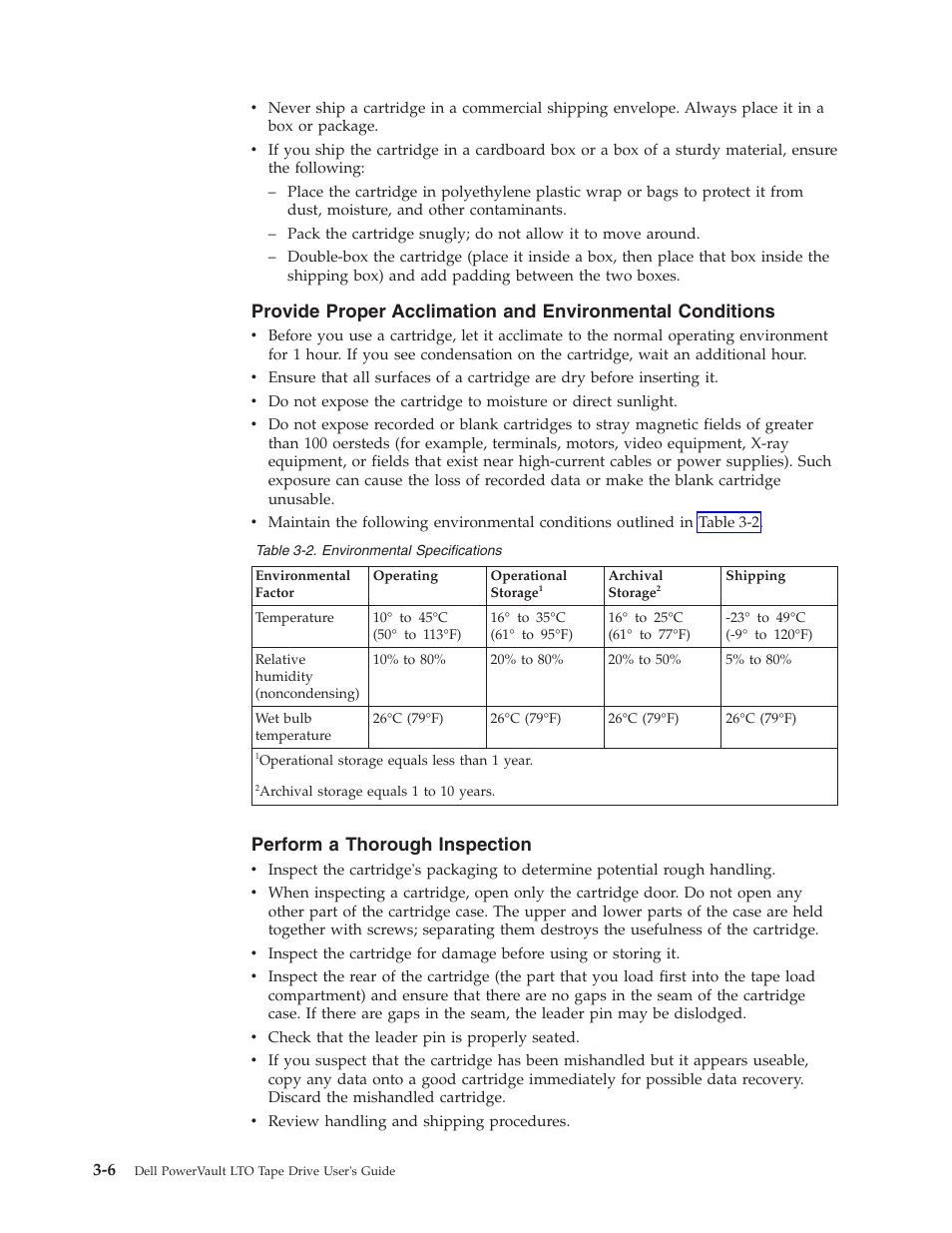 Environmental specifications, Perform a thorough inspection | Dell Powervault LTO6 User Manual | Page 32 / 93