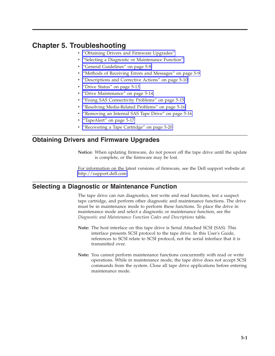 Chapter 5. troubleshooting, Obtaining drivers and firmware upgrades, Selecting a diagnostic or maintenance function | Dell Powervault LTO6 User Manual | Page 37 / 93