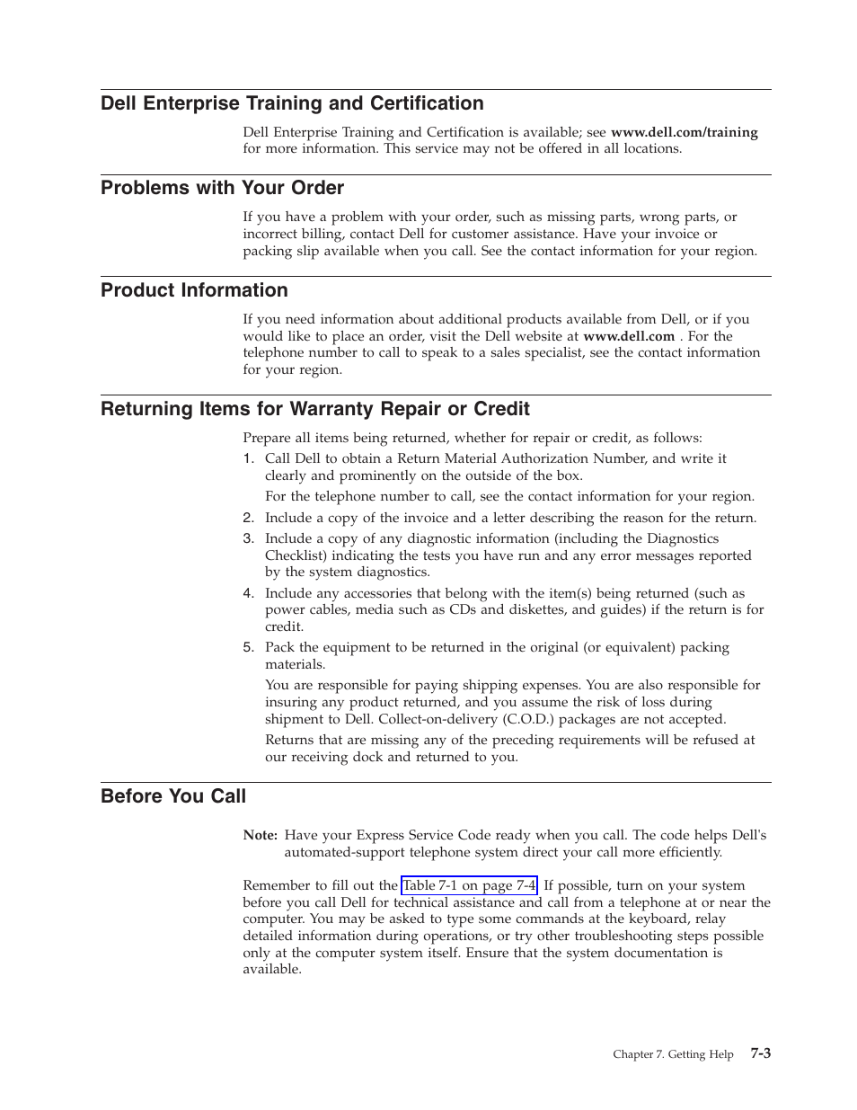 Dell enterprise training and certification, Problems with your order, Product information | Returning items for warranty repair or credit, Before you call | Dell Powervault LTO6 User Manual | Page 63 / 93