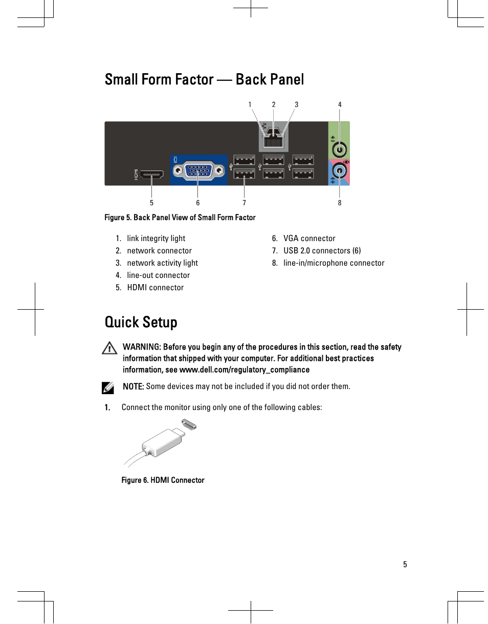 Small form factor — back panel, Quick setup | Dell OptiPlex 3010 (Mid 2012) User Manual | Page 5 / 9