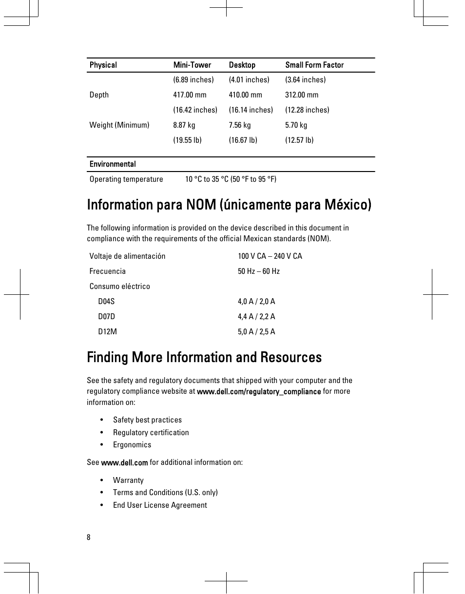 Information para nom (únicamente para méxico), Finding more information and resources | Dell OptiPlex 3010 (Mid 2012) User Manual | Page 8 / 9