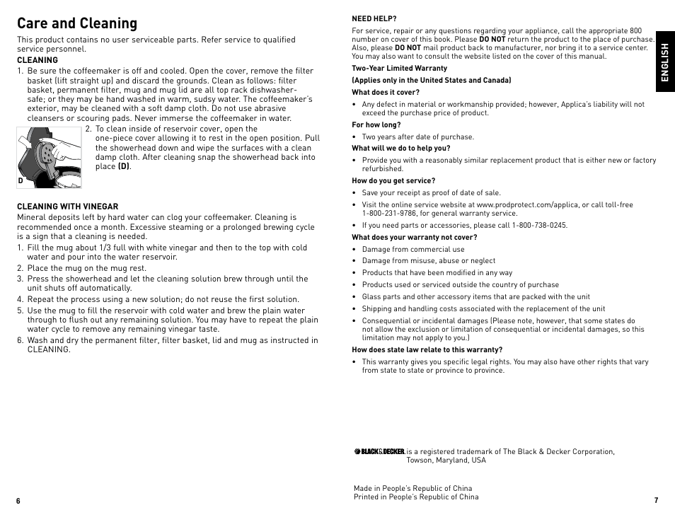 Care and cleaning | Black & Decker DCM18S User Manual | Page 4 / 9