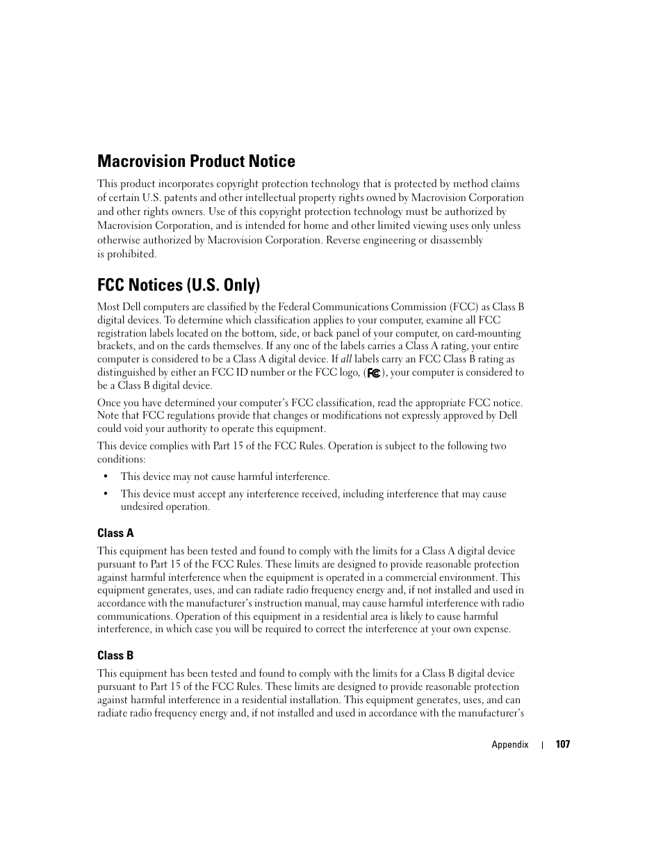 Macrovision product notice, Fcc notices (u.s. only), Class a | Class b | Dell Inspiron 700M User Manual | Page 107 / 114
