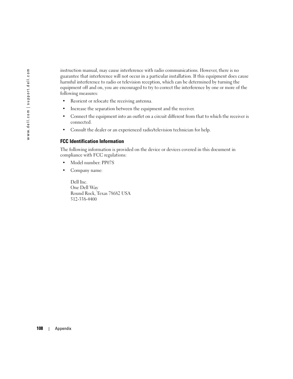 Fcc identification information | Dell Inspiron 700M User Manual | Page 108 / 114