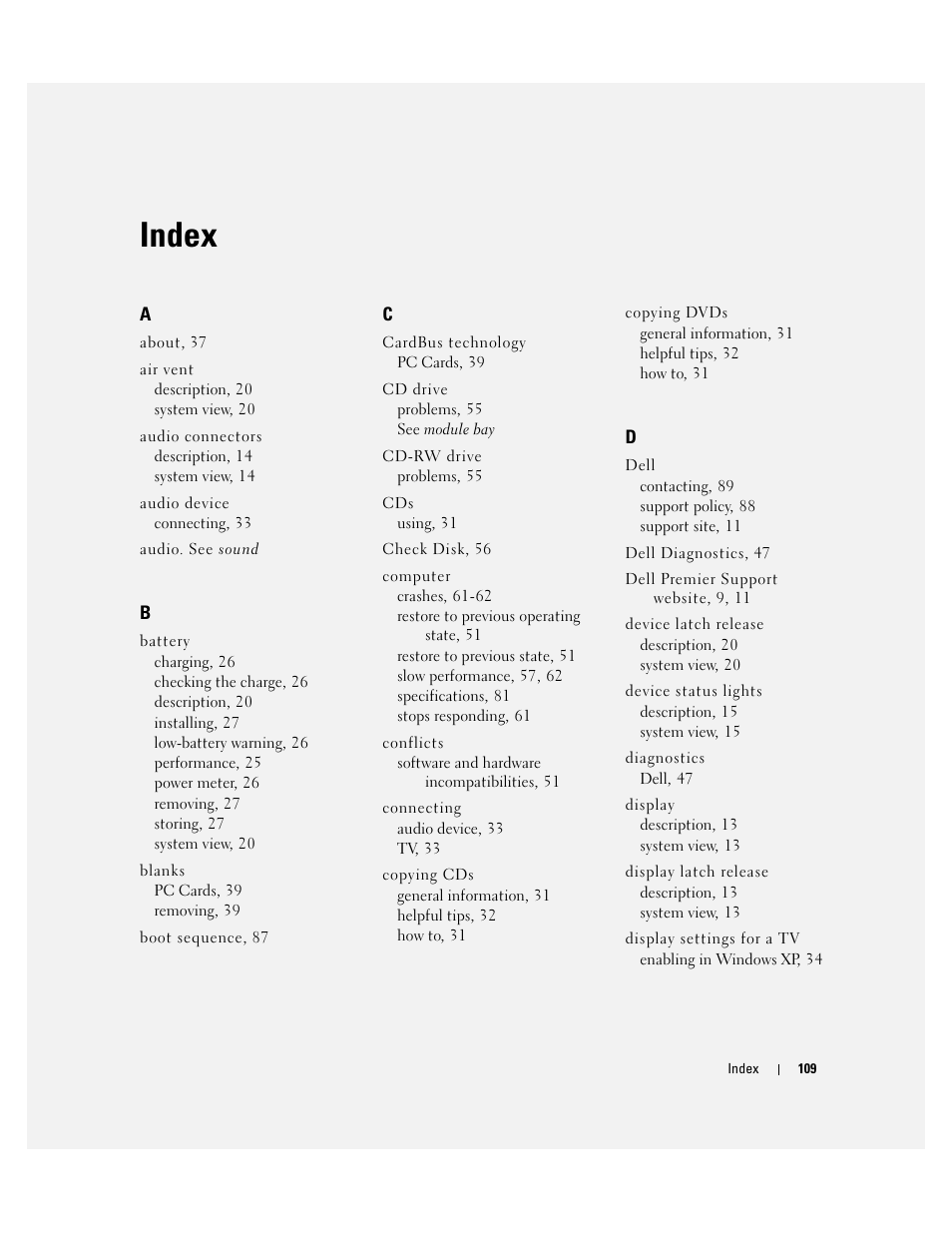 Index | Dell Inspiron 700M User Manual | Page 109 / 114
