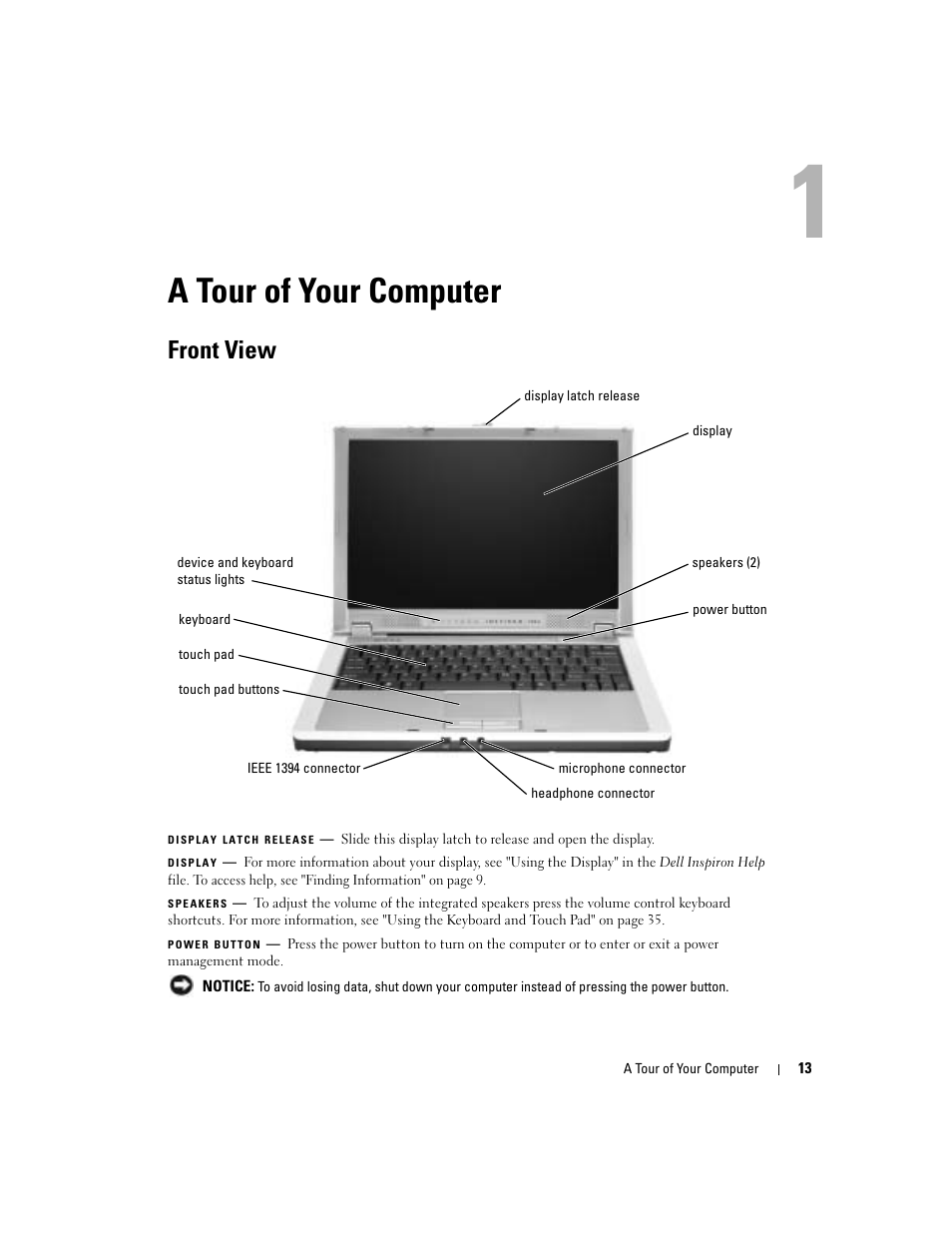 A tour of your computer, Front view | Dell Inspiron 700M User Manual | Page 13 / 114