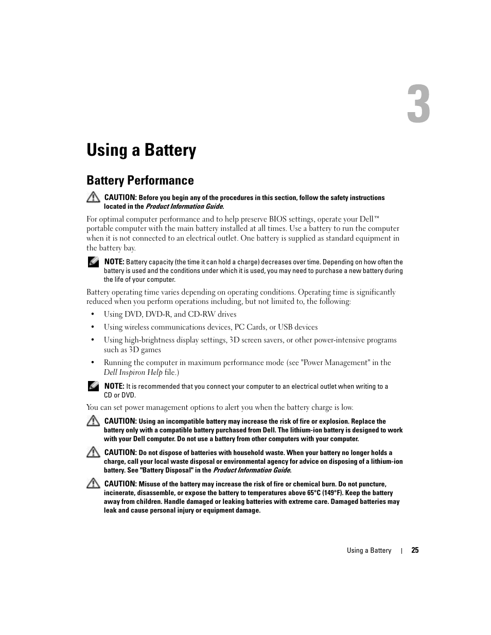 Using a battery, Battery performance | Dell Inspiron 700M User Manual | Page 25 / 114