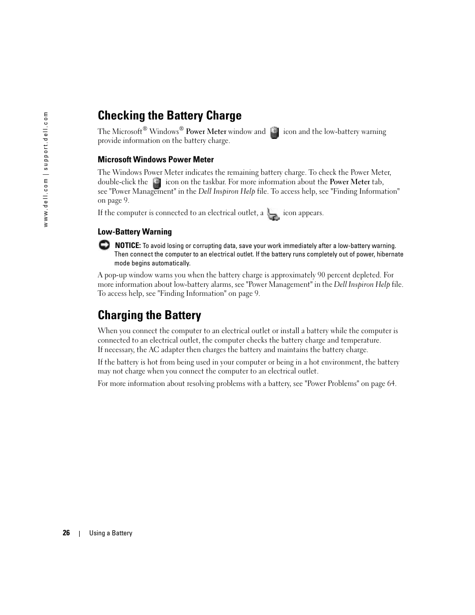 Checking the battery charge, Microsoft windows power meter, Low-battery warning | Charging the battery | Dell Inspiron 700M User Manual | Page 26 / 114